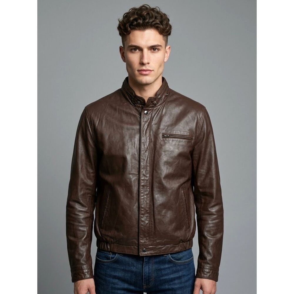 L Vintage BERMANS Dark Brown Leather Zip Lined Motorcycle Biker Jacket Coat